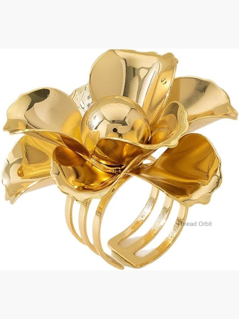 Flower Statement Ring Non Tarnish Adjustable Open Chunky Gold Tone Jewelry